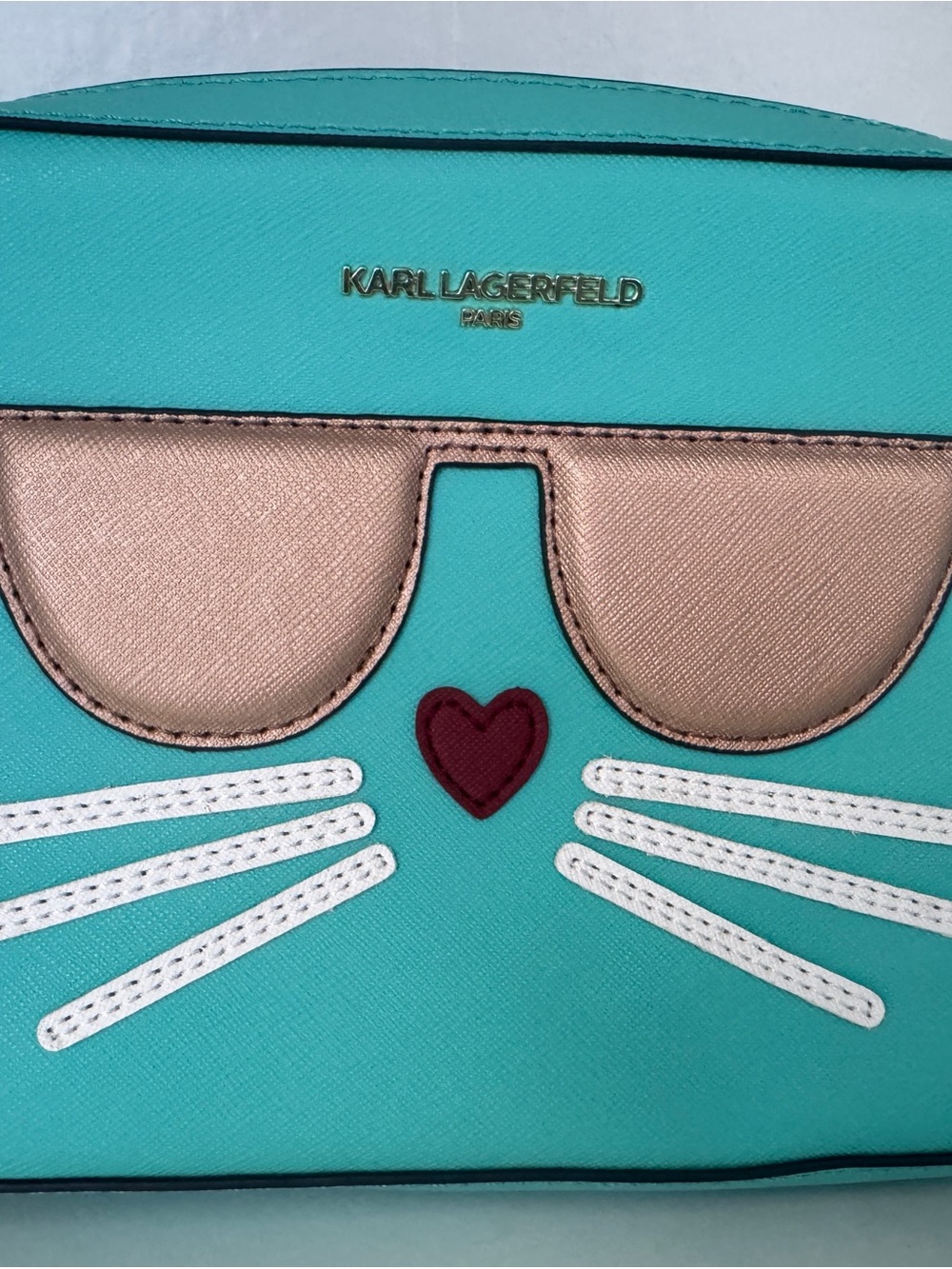 Karl Lagerfeld Turquoise Crossbody Bag with Rose Gold Appliqué & Red Heart